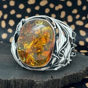AMBERMAN Cognac Baltic Amber & Sterling Silver Art Nouveau Style Hinged Bracelet